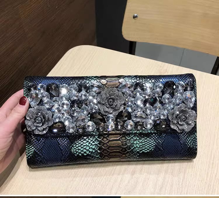 Floral Rhinestone Snakeskin Leather Crossbody HB2703