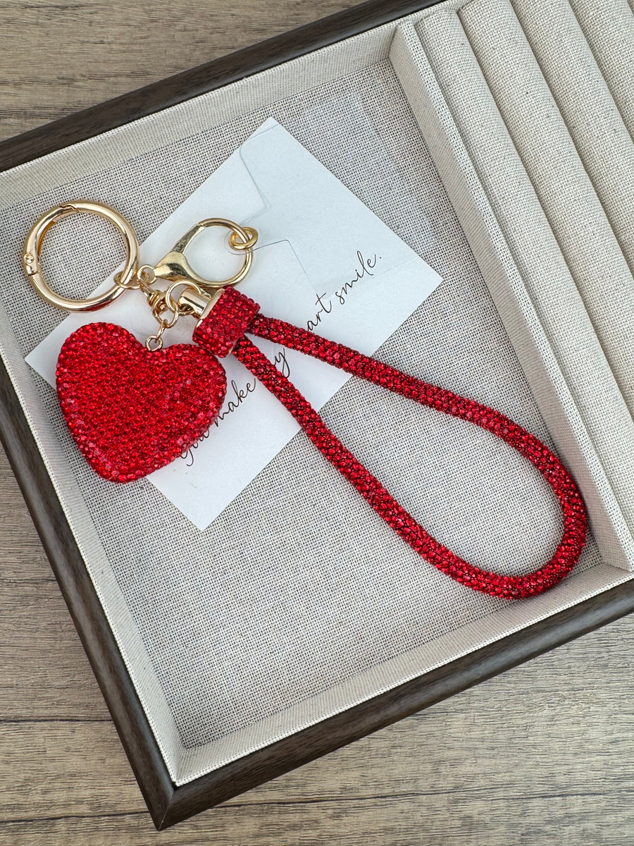 Heart-Shaped Rhinestone-Embellished Alloy Keychain Wristlet K1441