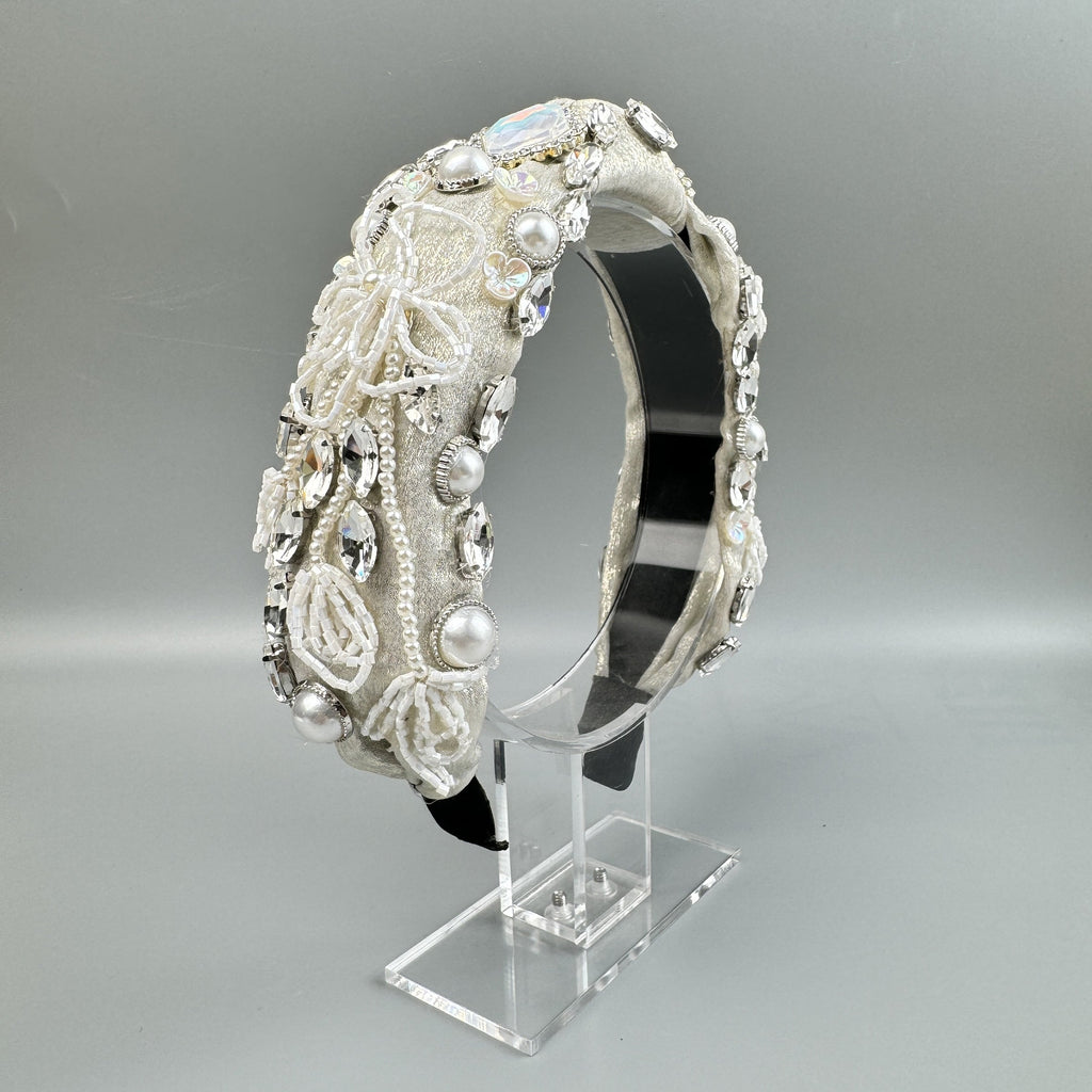 Flower Pearl Rhinestone Fabric Headband L4895 - view 6