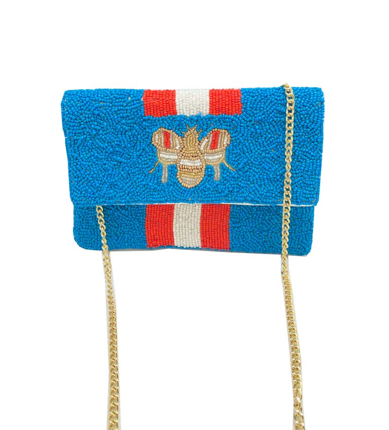 Blue Mini BEE-You Striped Beaded Clutch LMC-143