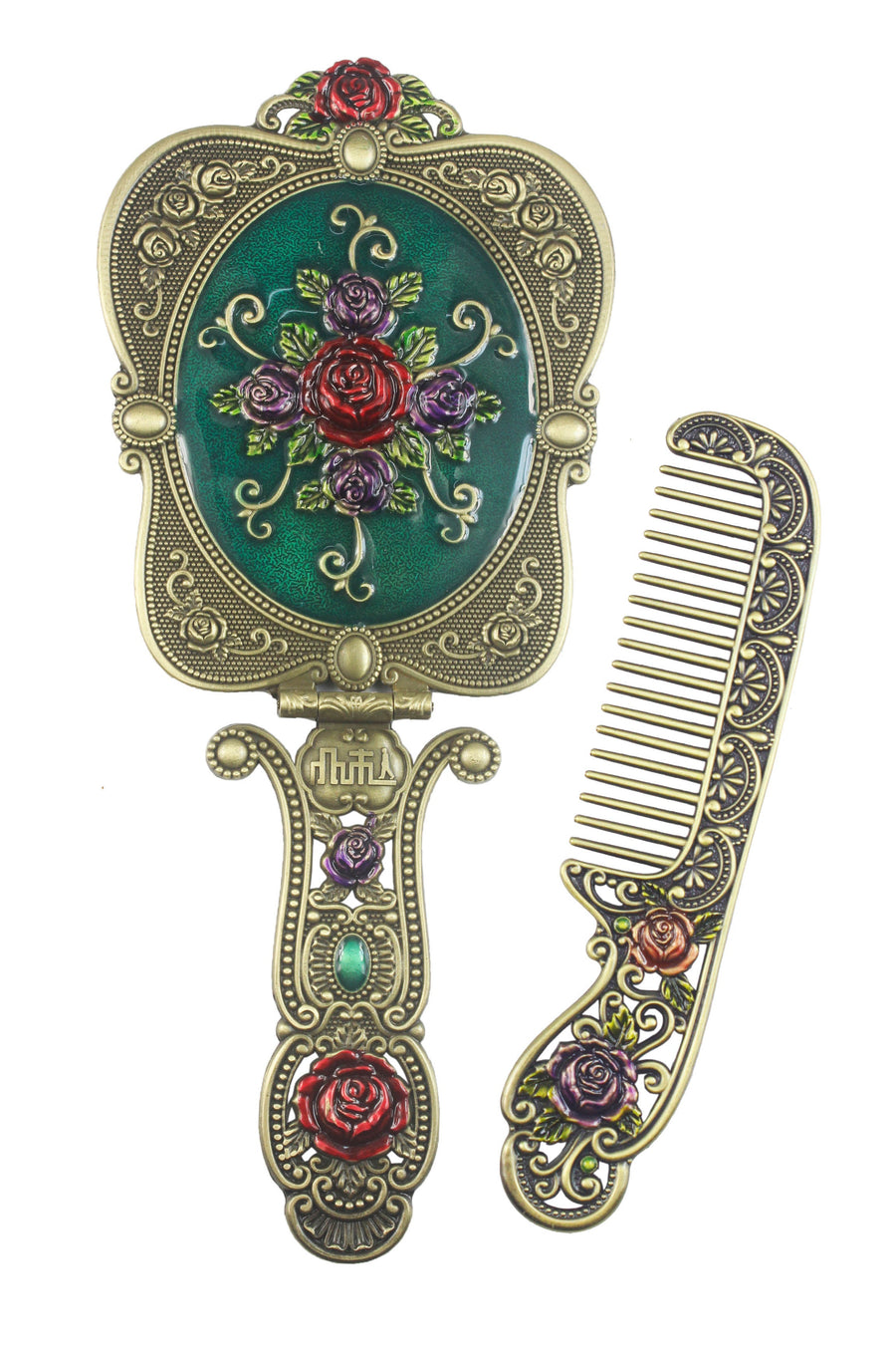 Vintage Large Size Rose Metal Mirror And Comb M0393