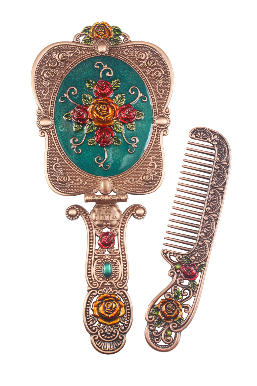Vintage Large Size Rose Metal Mirror And Comb M0393