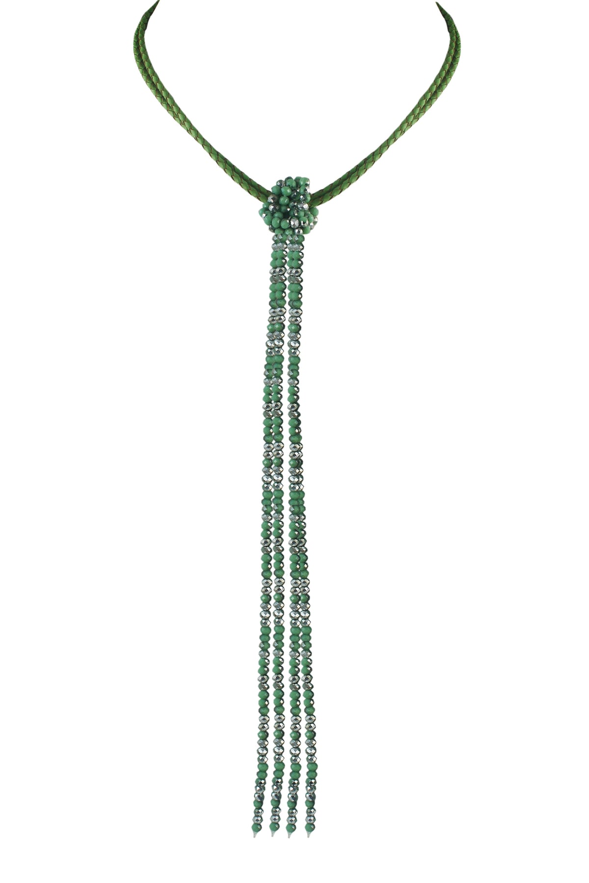 Leather Long Crystal Beaded Tassel Necklace N2611