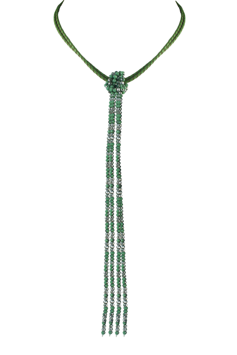 Leather Long Crystal Beaded Tassel Necklace N2611