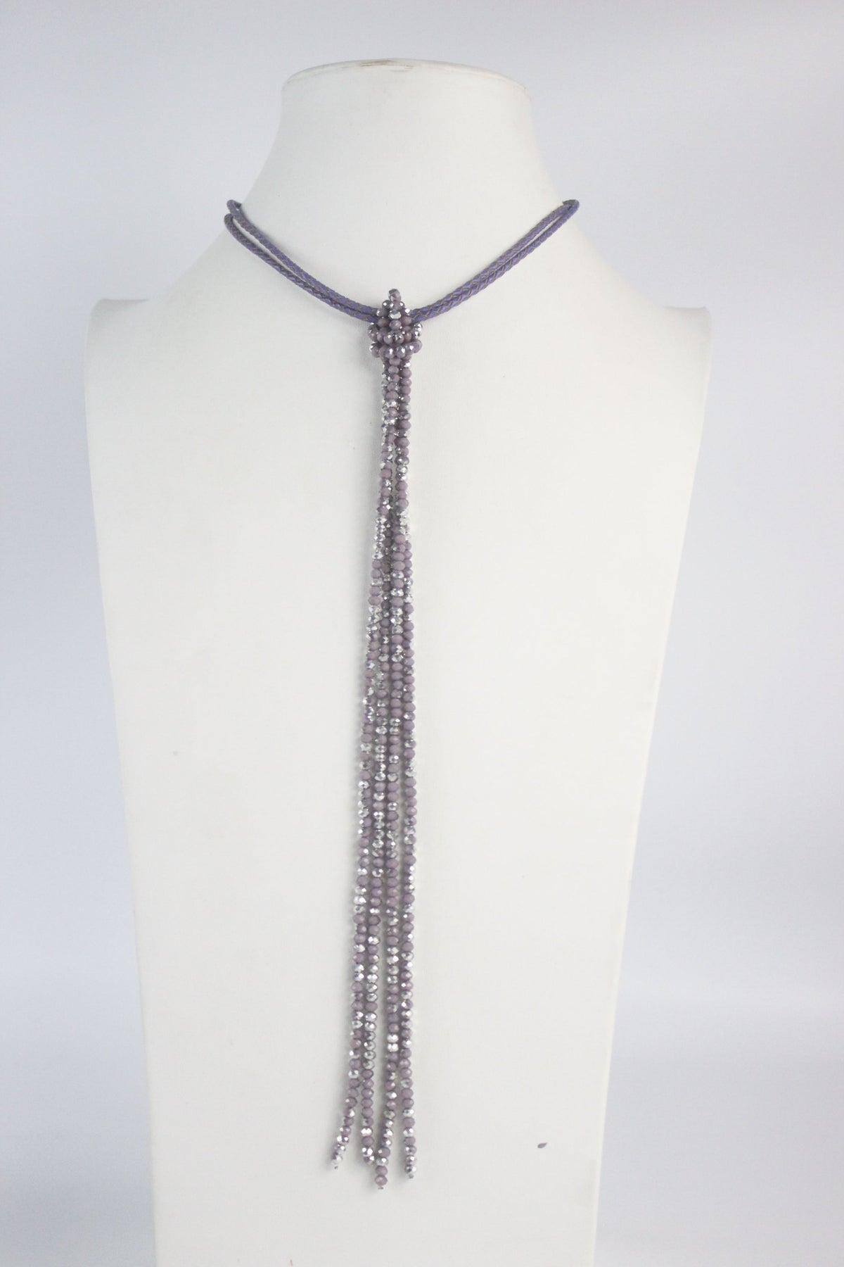 Leather Long Crystal Beaded Tassel Necklace N2611