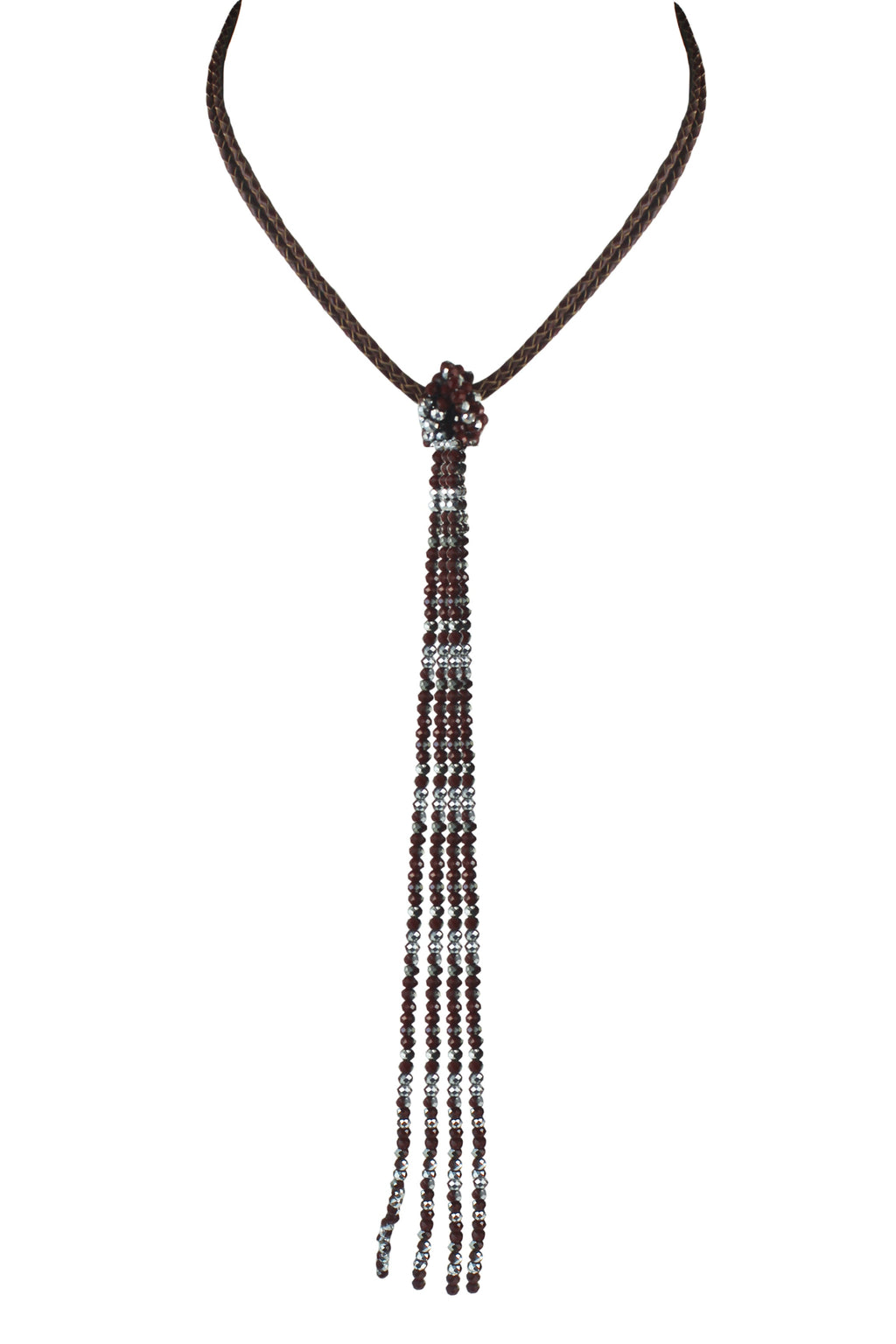 Leather Long Crystal Beaded Tassel Necklace N2611