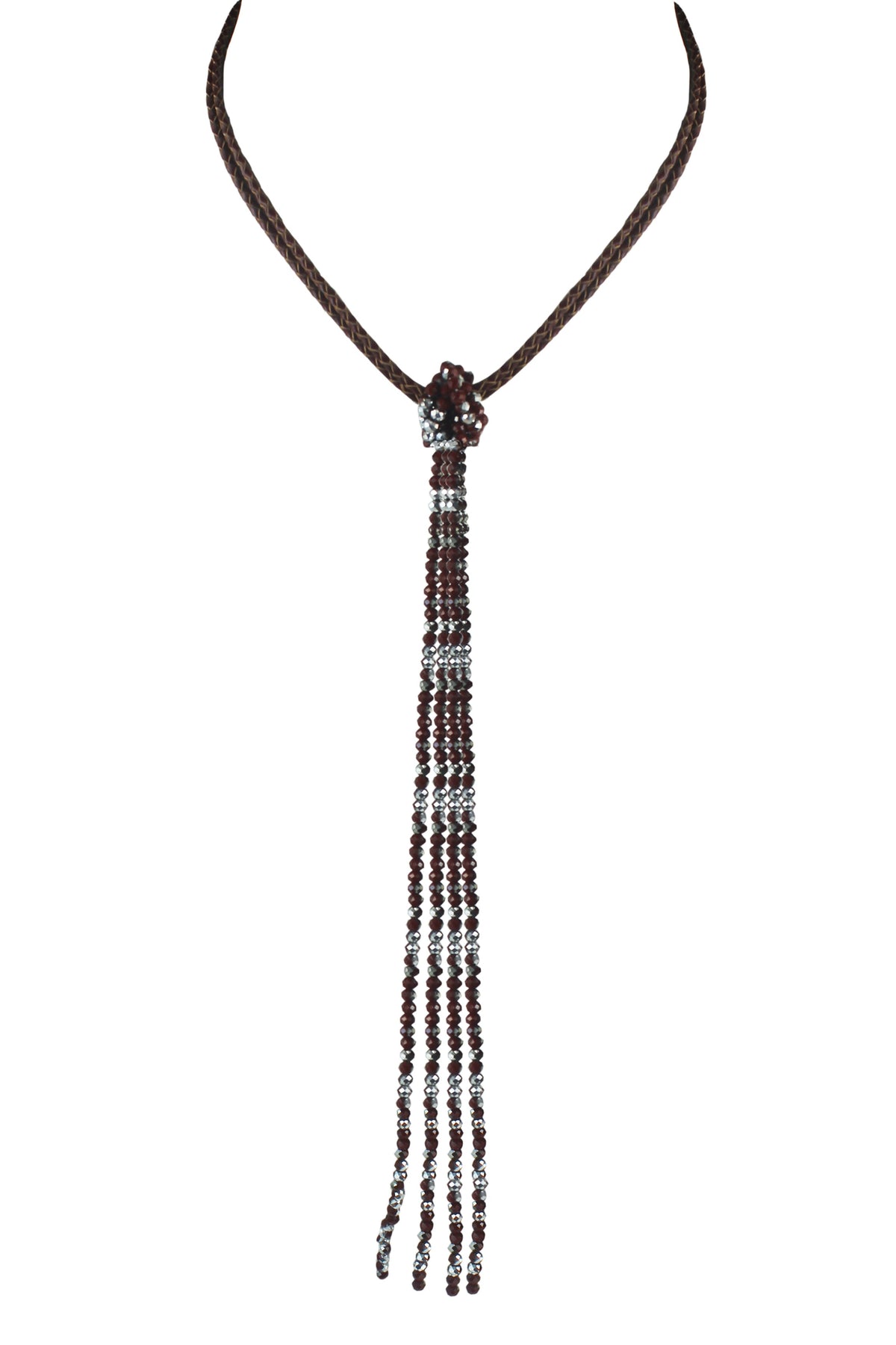 Leather Long Crystal Beaded Tassel Necklace N2611