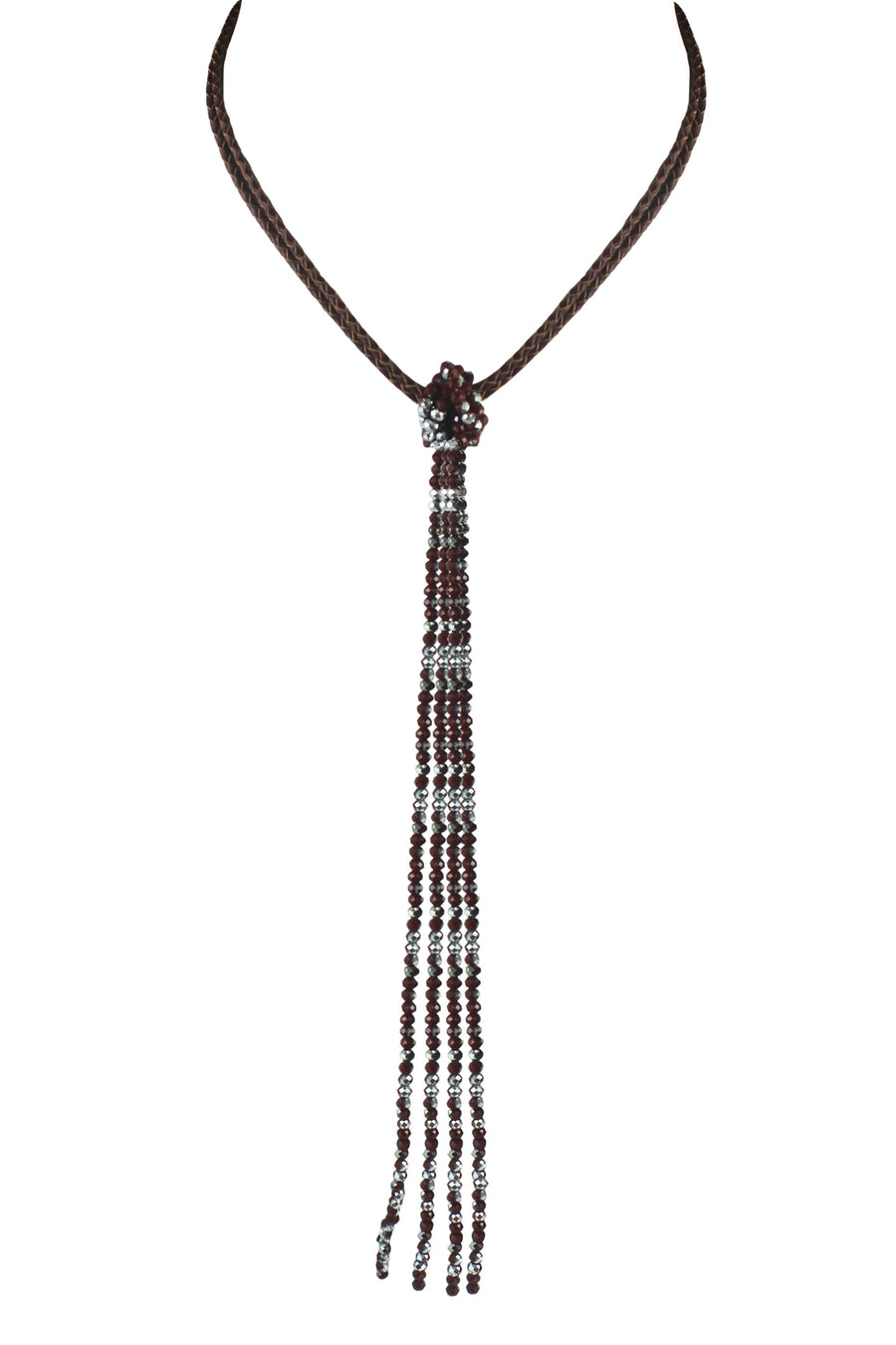 Leather Long Crystal Beaded Tassel Necklace N2611