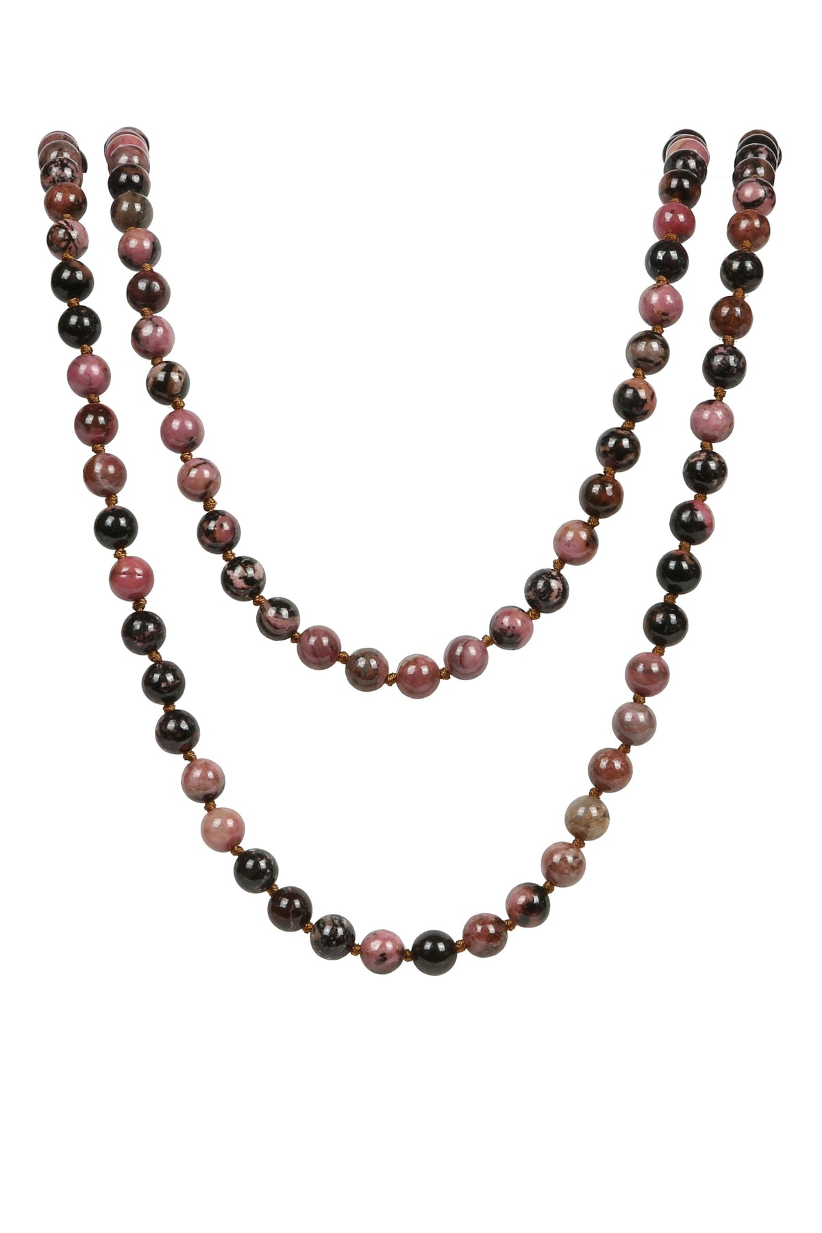 Stone Bead Long Necklace N2740 - Black Rhodonite