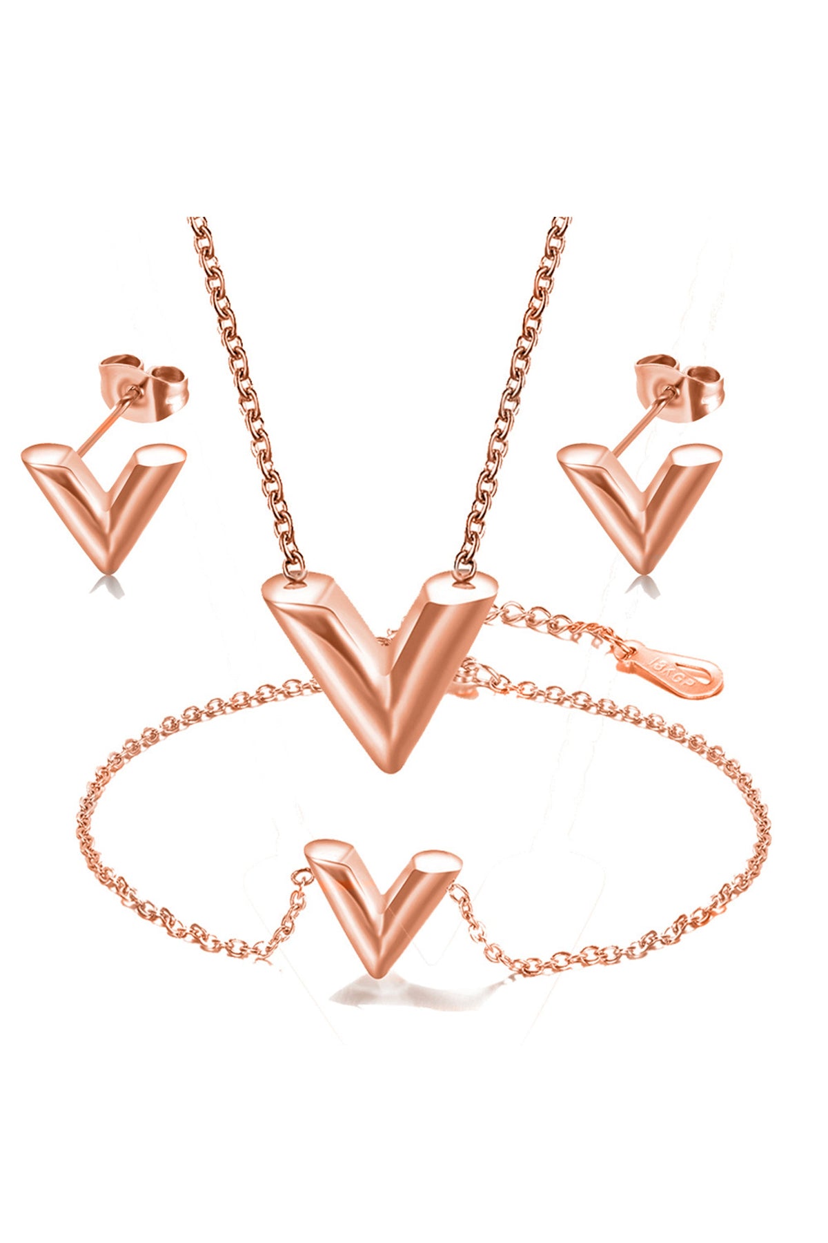 V Pendant Stainless Steel Necklace Set N3753-SET