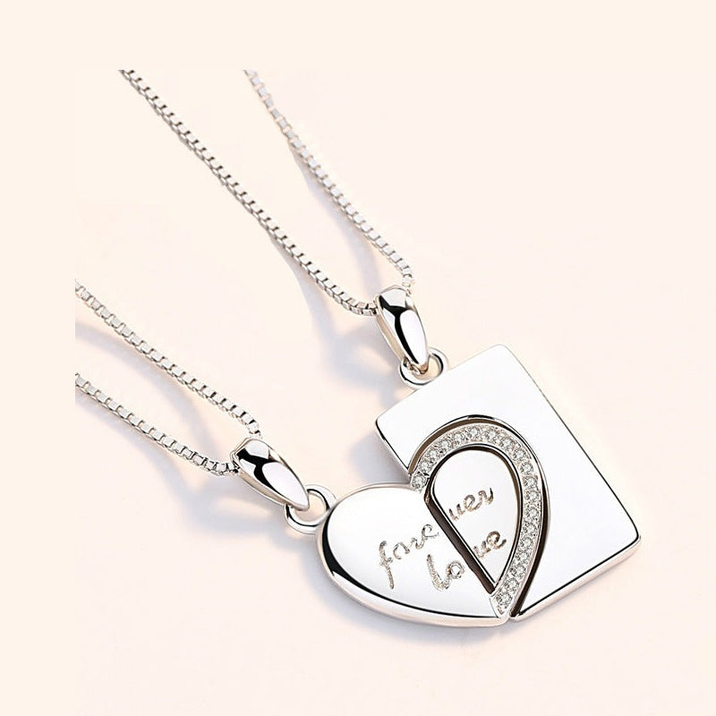 Heart Rhinestone Silver Couple Necklace Set N4193-Set