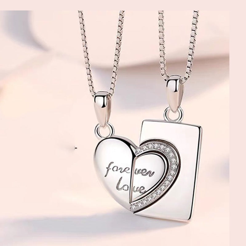 Heart Rhinestone Silver Couple Necklace Set N4193-Set