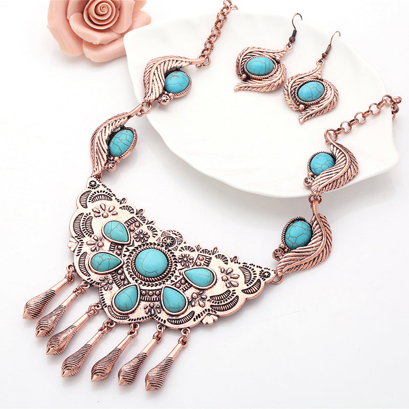 Turquoise Tassel Alloy Necklace Set N4360