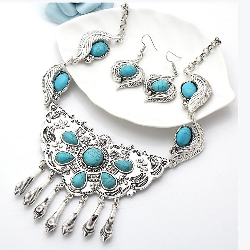 Turquoise Tassel Alloy Necklace Set N4360