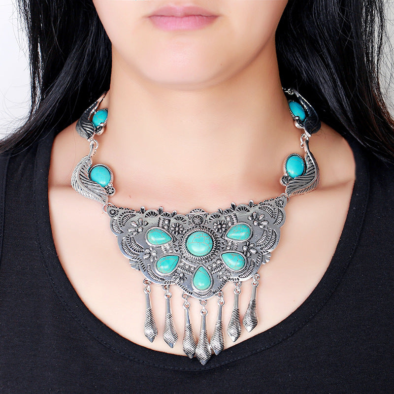 Turquoise Tassel Alloy Necklace Set N4360