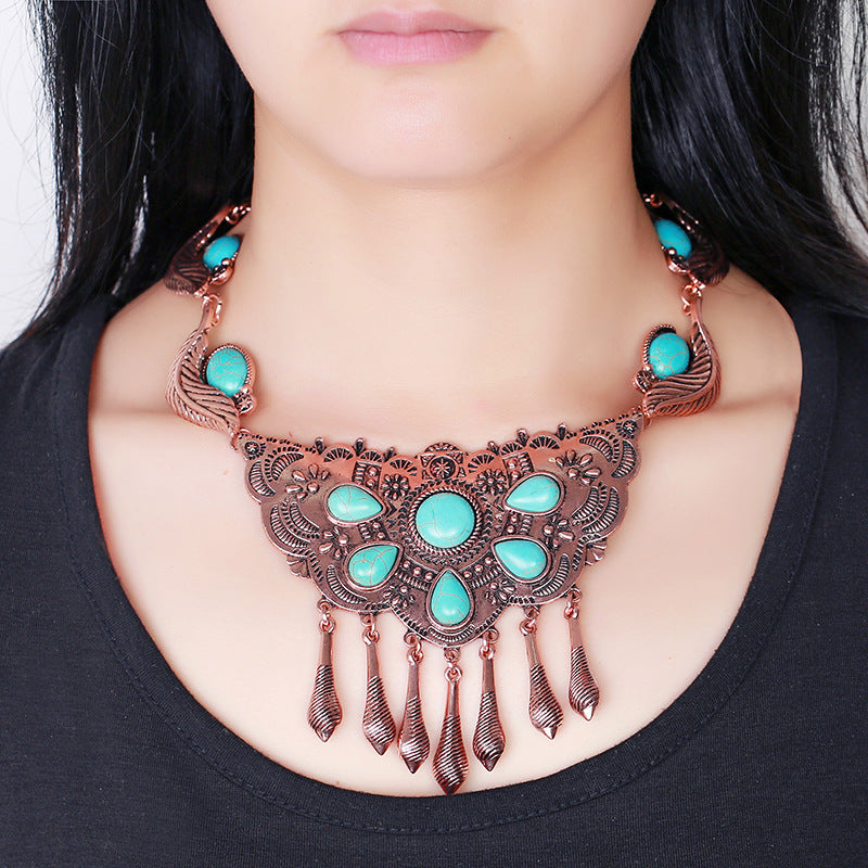 Turquoise Tassel Alloy Necklace Set N4360