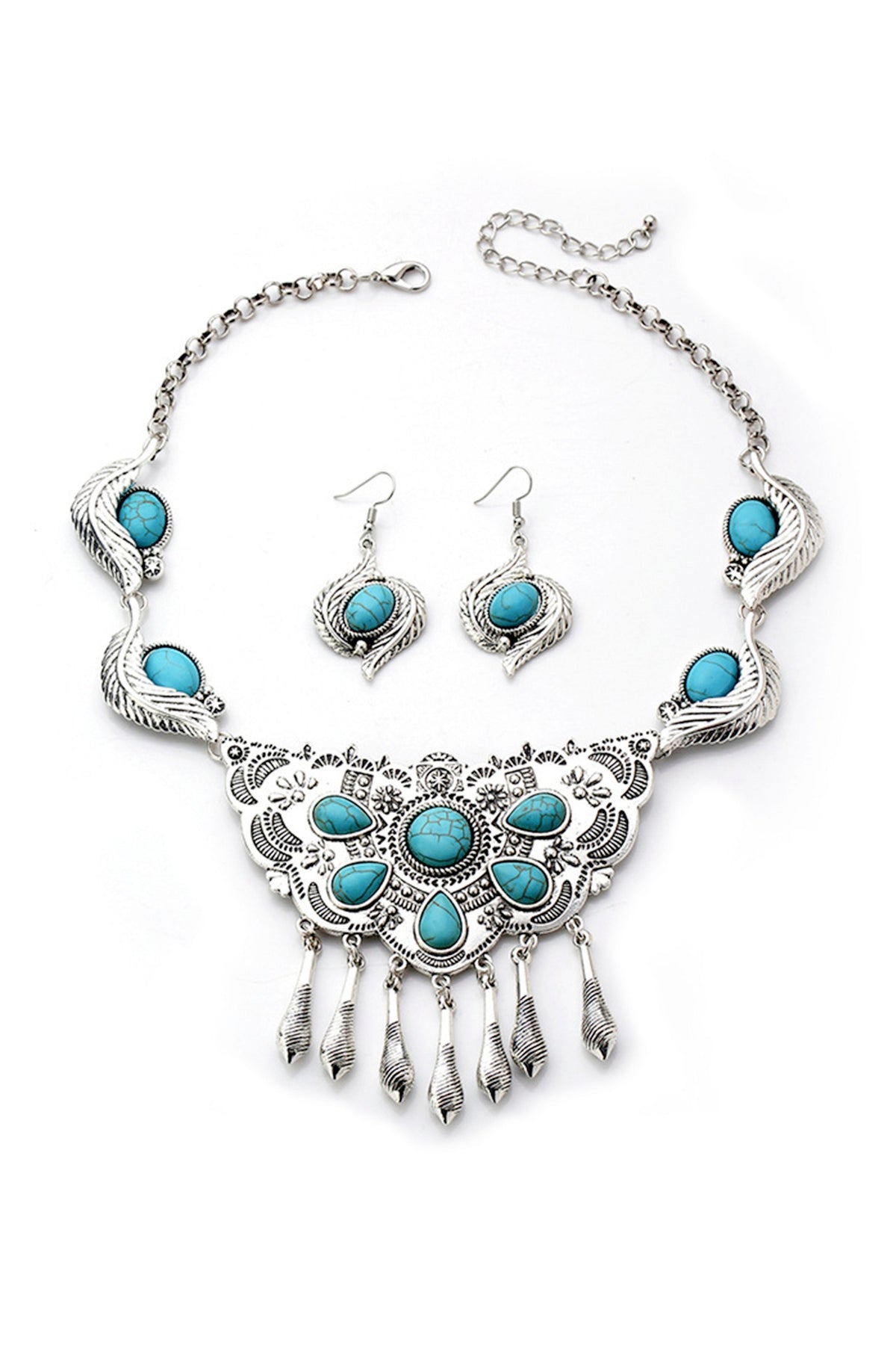 Turquoise Tassel Alloy Necklace Set N4360