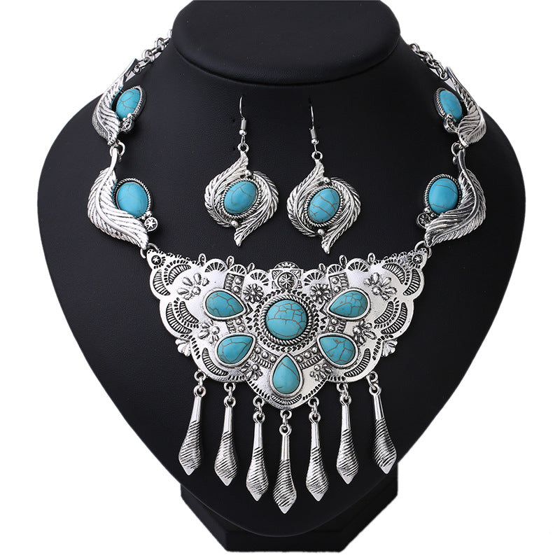 Turquoise Tassel Alloy Necklace Set N4360