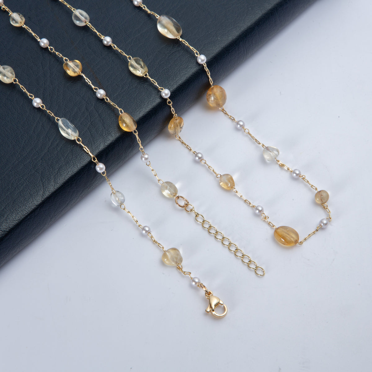Natural Stone Pearl Chain Necklace N4377-78CM-Amethyst Yellow Quartz