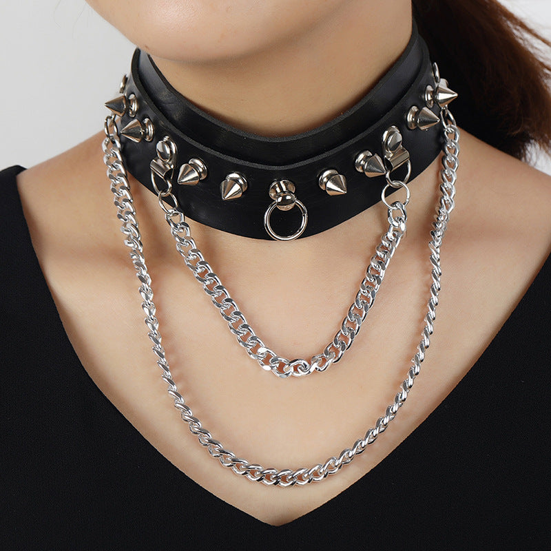 Rivet Leather Chain Choker Necklace N4712