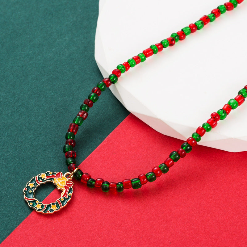 Christmas Wreath Pendant Bead Necklace N4813