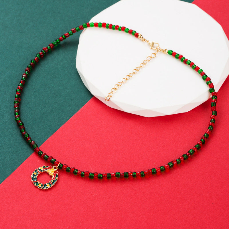Christmas Wreath Pendant Bead Necklace N4813