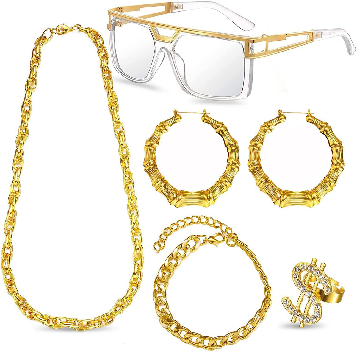 Dollar Necklace Earrings Glasses Rings Bracelet Set N5045