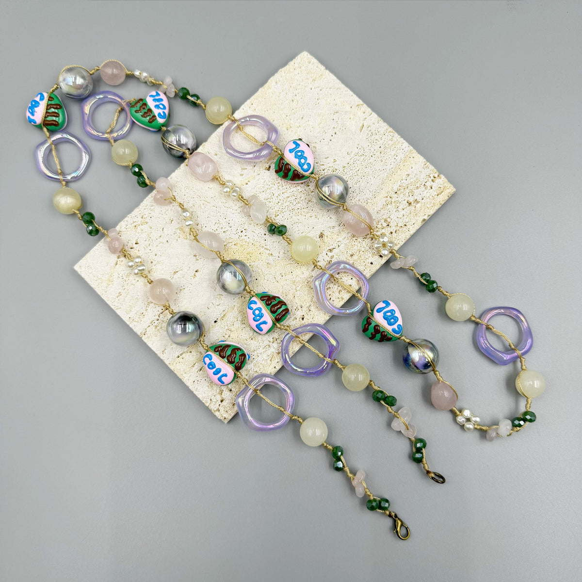 Geometry Heart Stone Acrylic Braided Long Necklace N5314