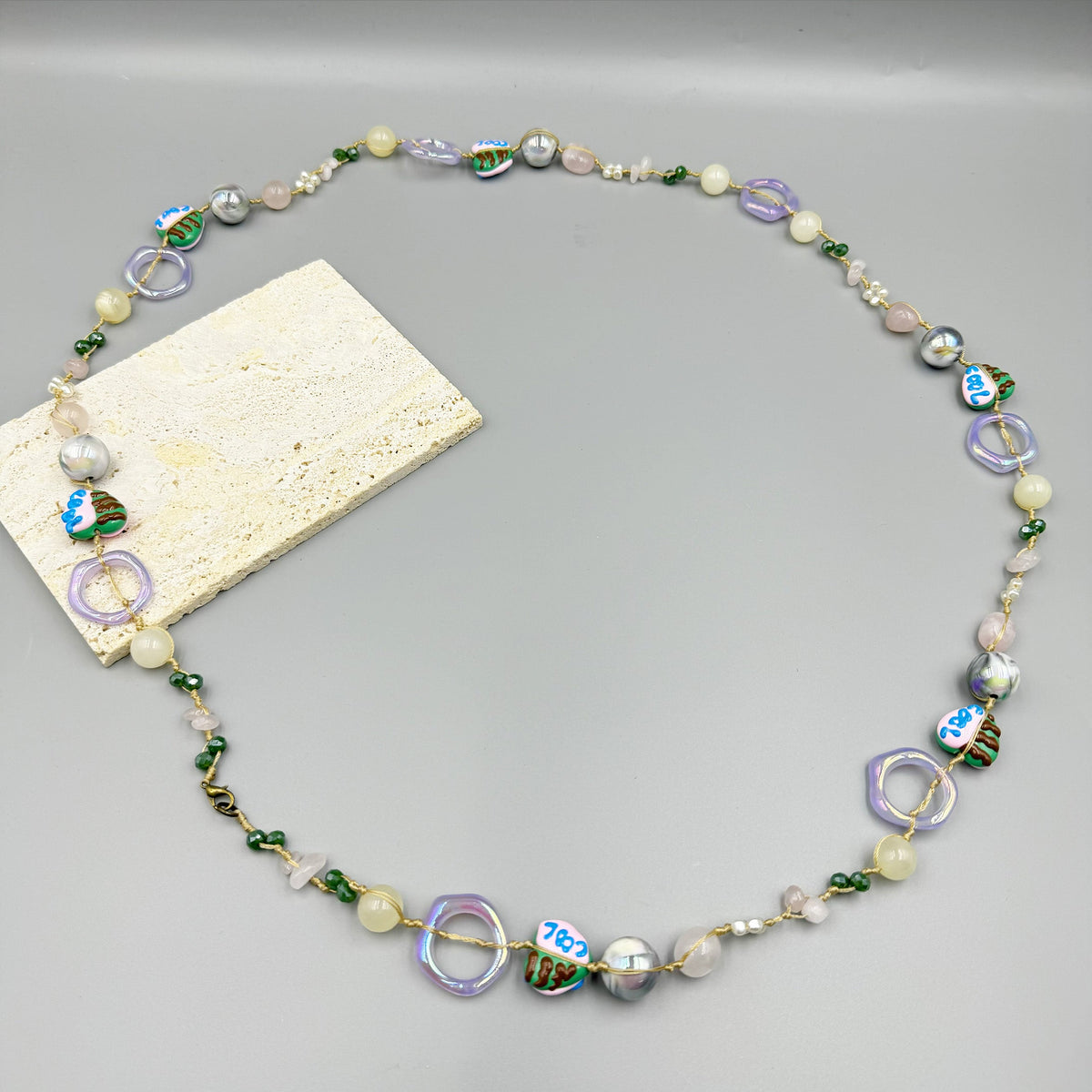 Geometry Heart Stone Acrylic Braided Long Necklace N5314
