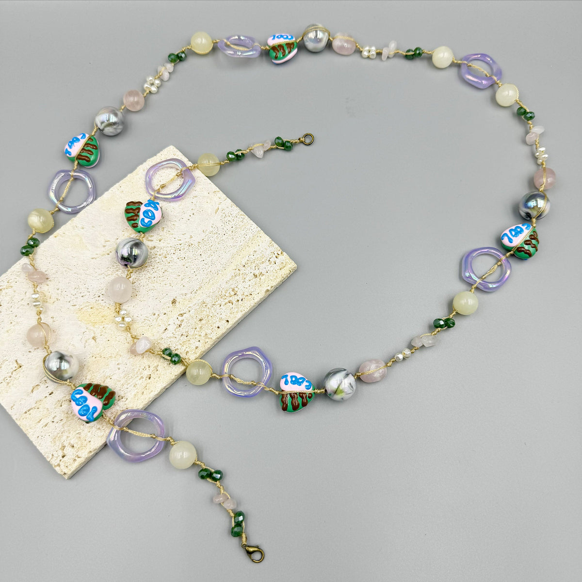 Geometry Heart Stone Acrylic Braided Long Necklace N5314