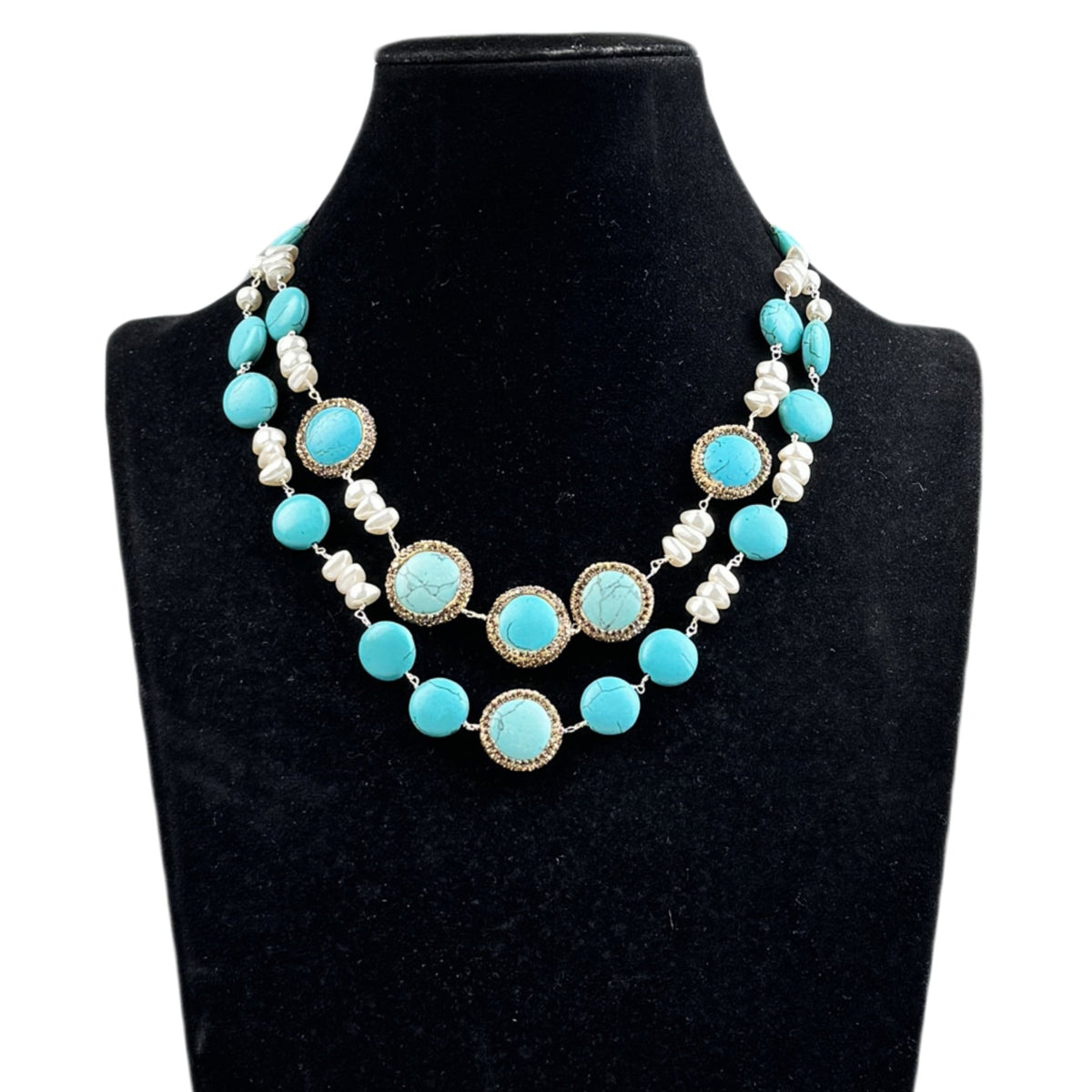 Handmade Turquoise Pearl Beaded Chain Layered Necklace N5390 - view 5