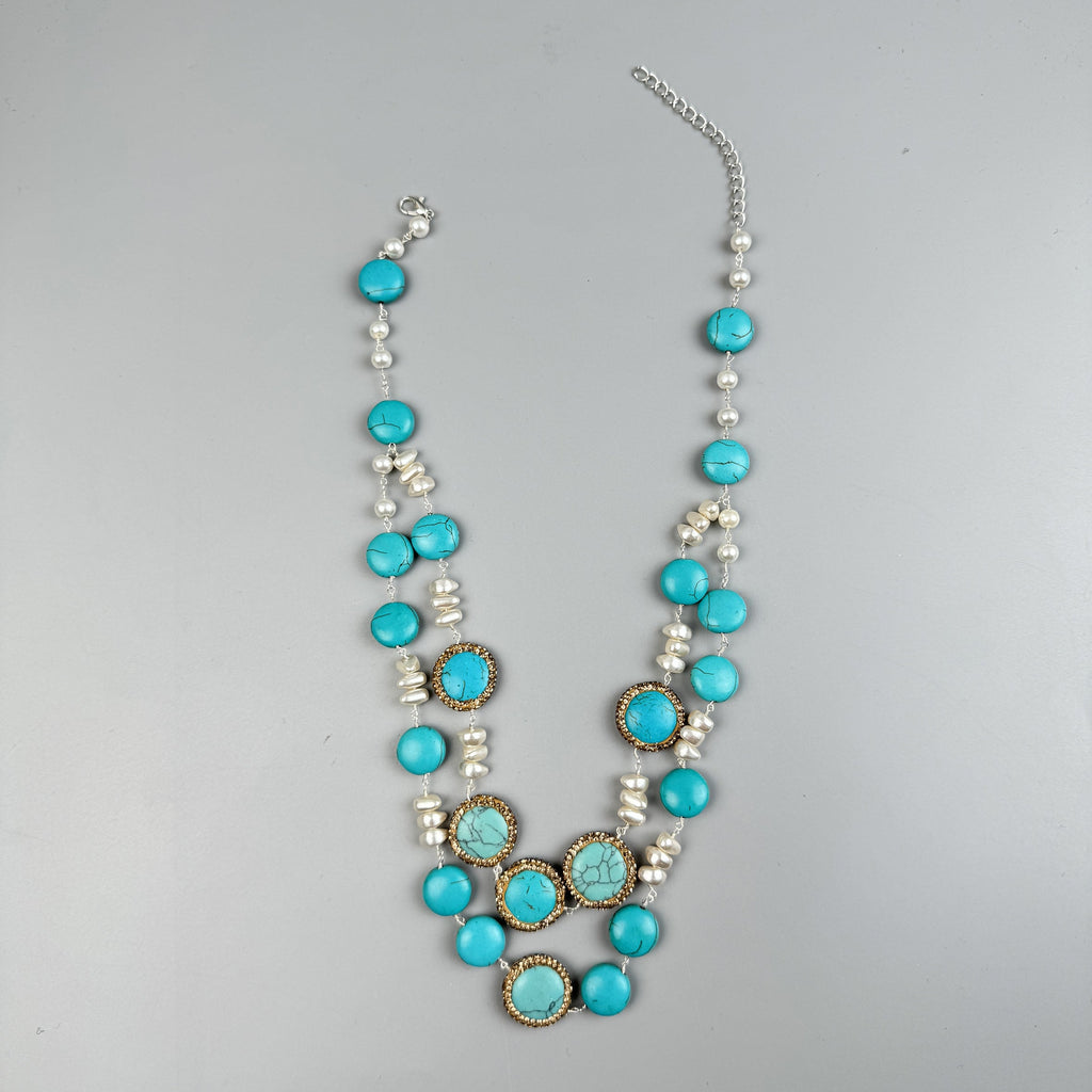 Handmade Turquoise Pearl Beaded Chain Layered Necklace N5390 - view 4