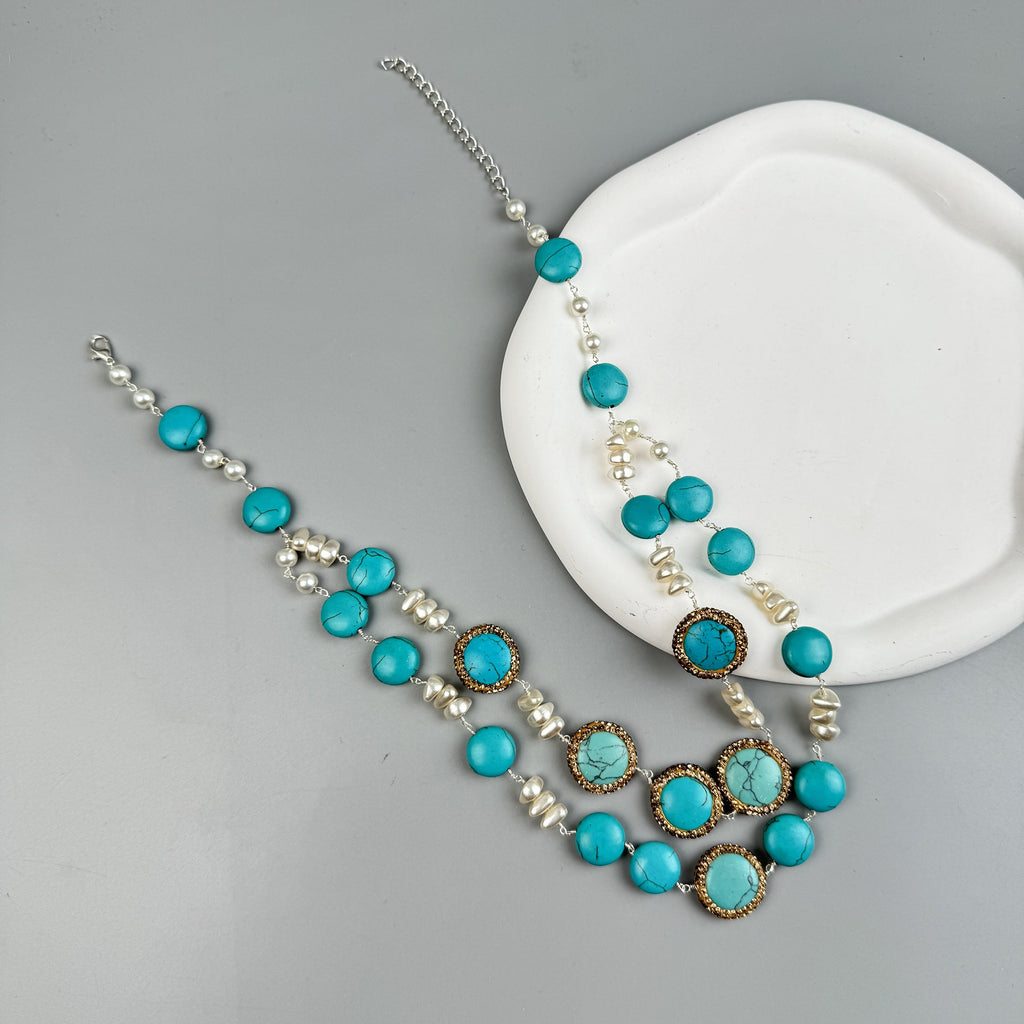 Handmade Turquoise Pearl Beaded Chain Layered Necklace N5390 - view 7