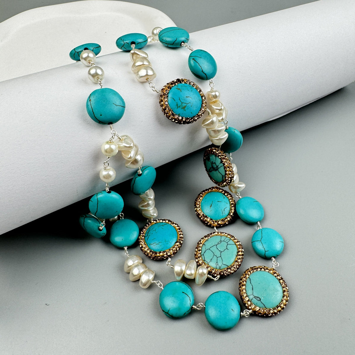 Handmade Turquoise Pearl Beaded Chain Layered Necklace N5390 - view 3