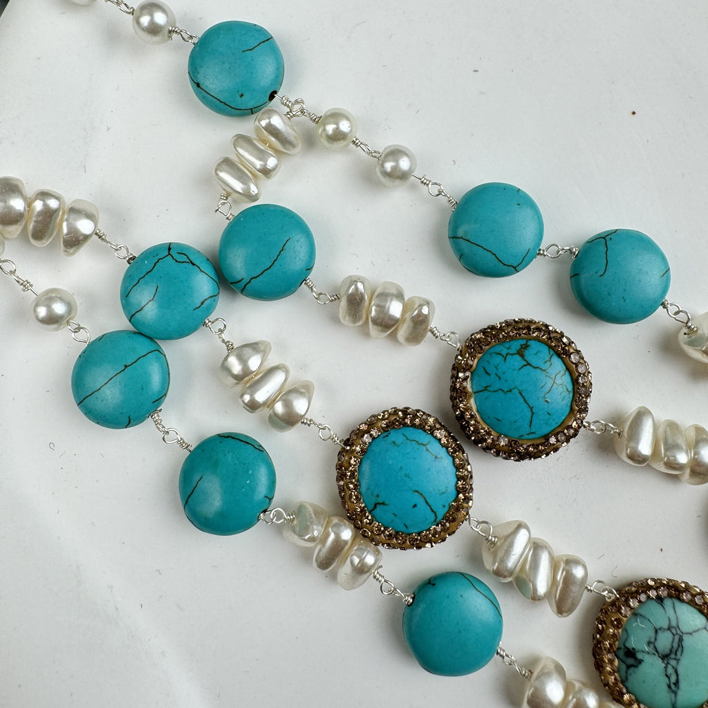 Handmade Turquoise Pearl Beaded Chain Layered Necklace N5390 - view 6