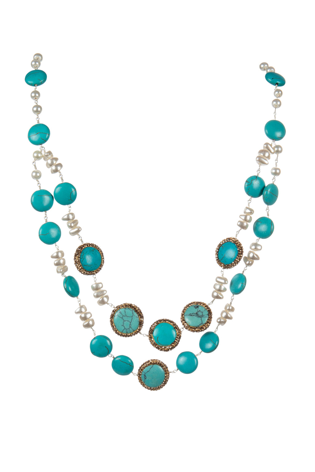 Handmade Turquoise Pearl Beaded Chain Layered Necklace N5390 - view 2