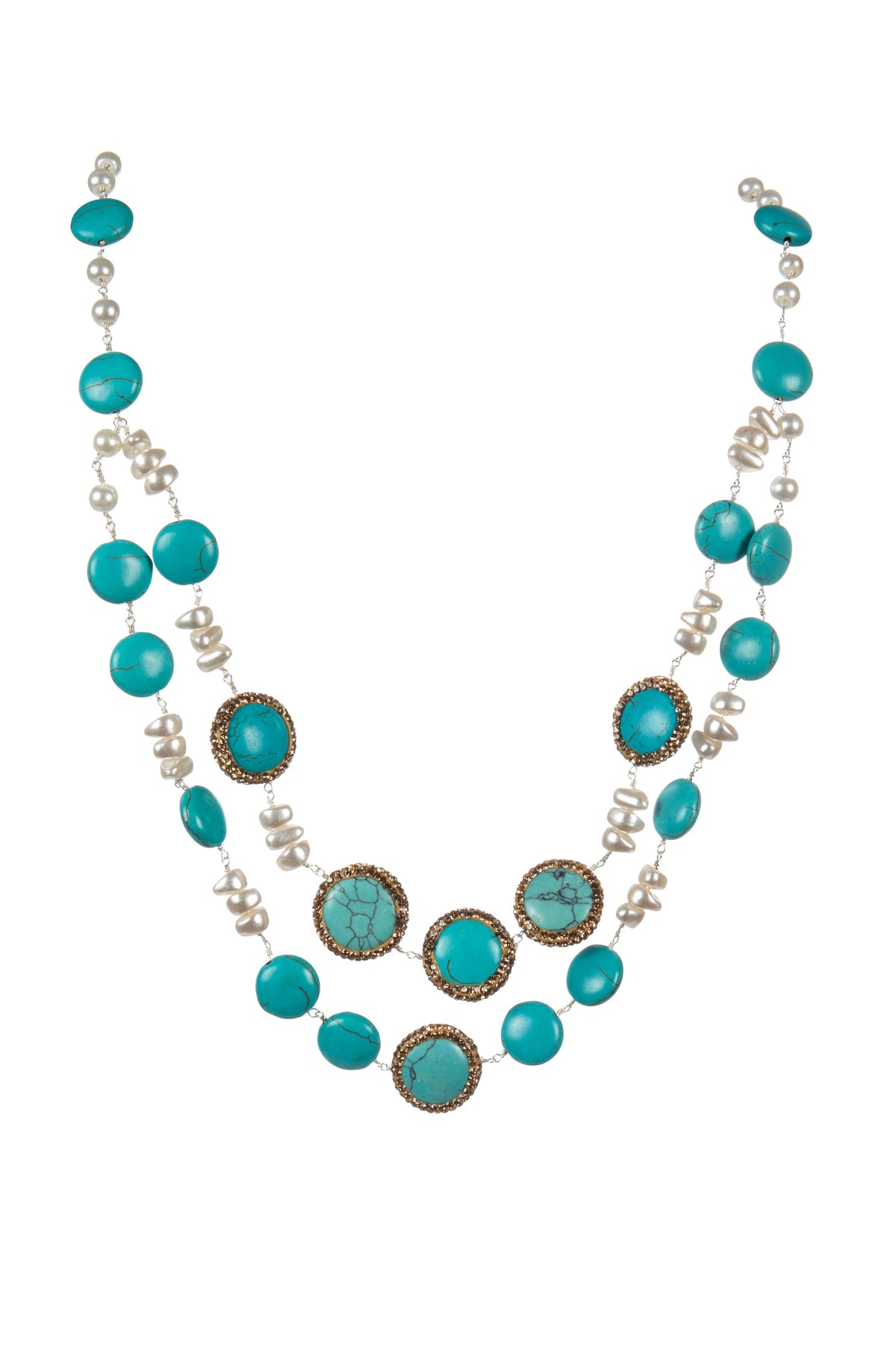 Handmade Turquoise Pearl Beaded Chain Layered Necklace N5390 - view 2