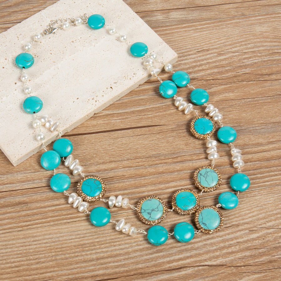 Handmade Turquoise Pearl Beaded Chain Layered Necklace N5390