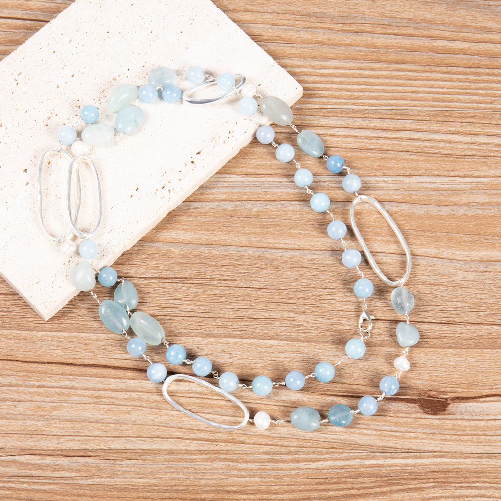 Handmade Geometry Circle Blue Aquamarine Long Necklace N5456