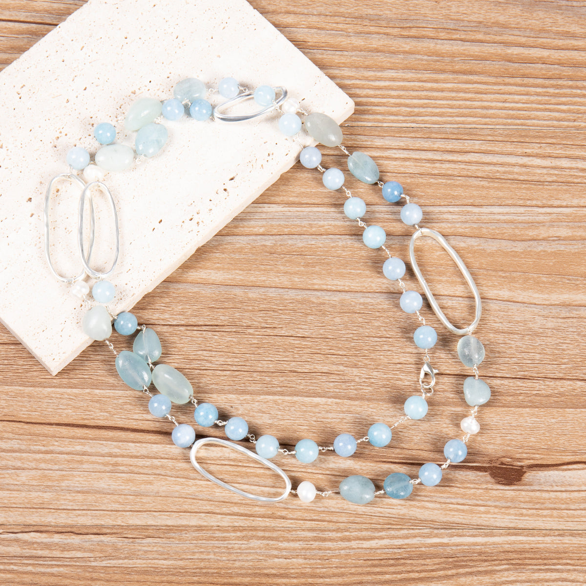 Handmade Geometry Circle Blue Aquamarine Long Necklace N5456