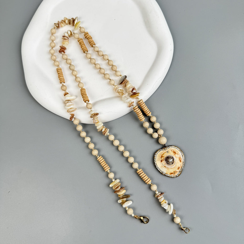 Heart Pendant Fossil Bead Long Necklace N5540 - view 6
