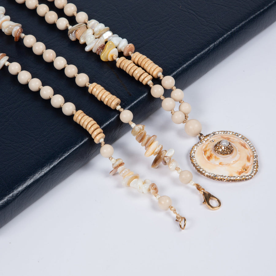 Heart Pendant Fossil Bead Long Necklace N5540