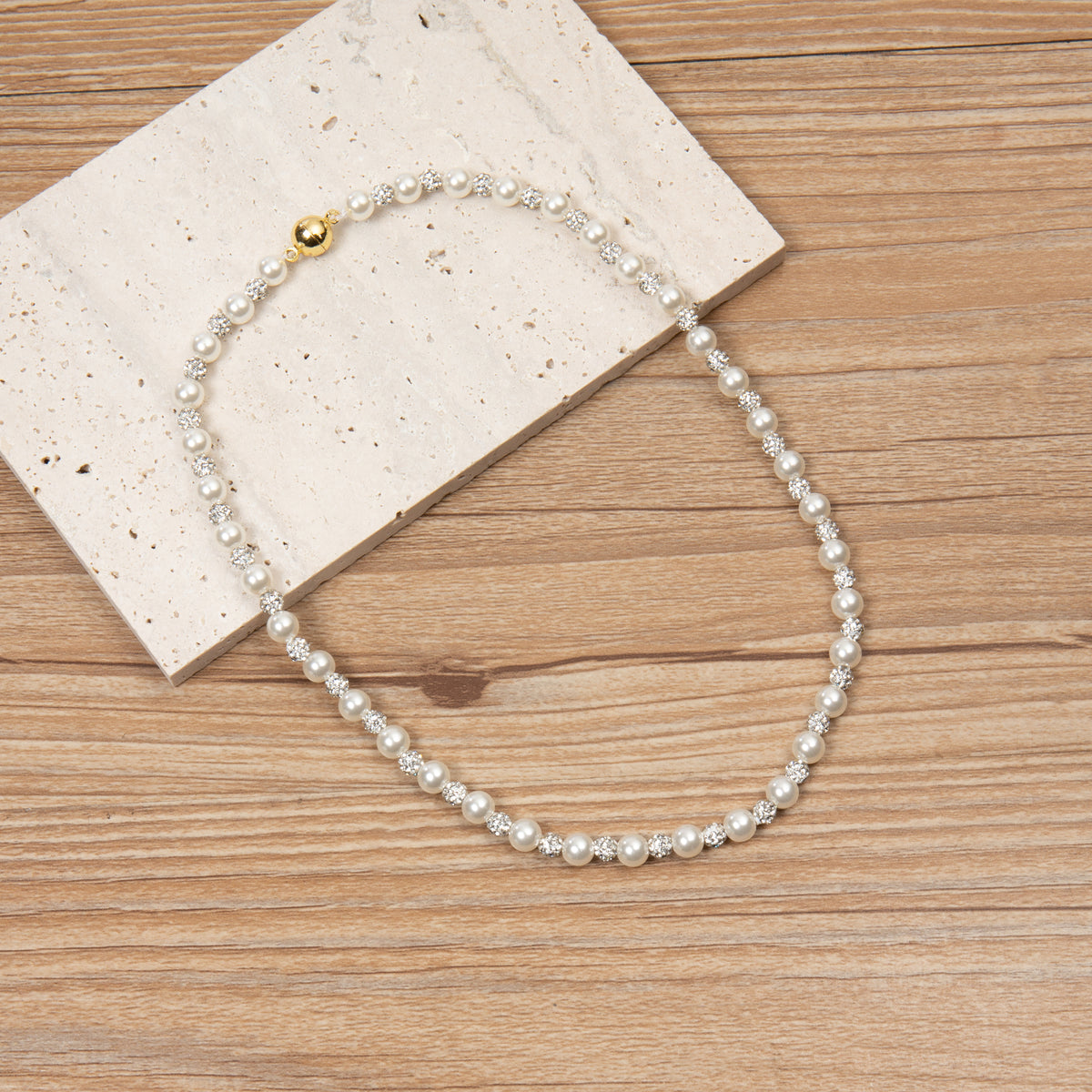 Glass Pearl and Rhinestone Necklace 6MM N5719