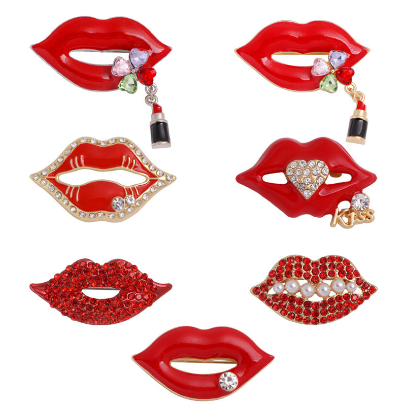 Rhinestone Red Lips Brooch PA3307