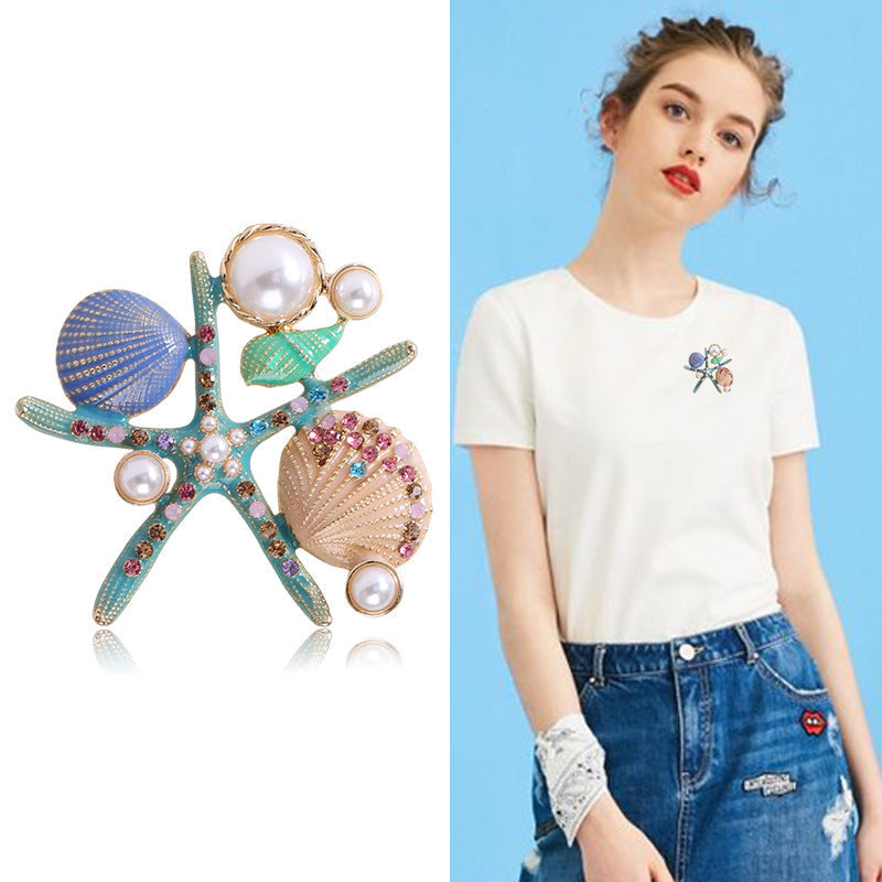 Alloy Rhinestone Starfish Shell Brooch PA3667 - view 7