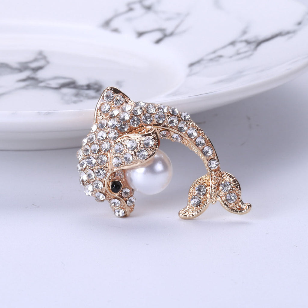 Dolphin Rhinestone Pearl Brooch PA3935