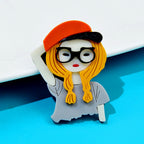 Cap And Glass Girl Acrylic Brooch PA4096