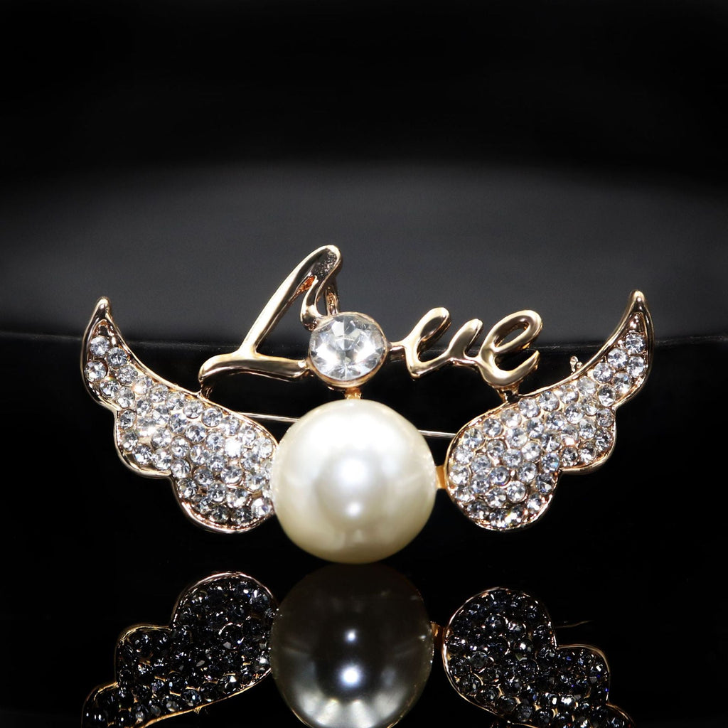 LOVE Wings Rhinestone Pearl Brooch PA4548