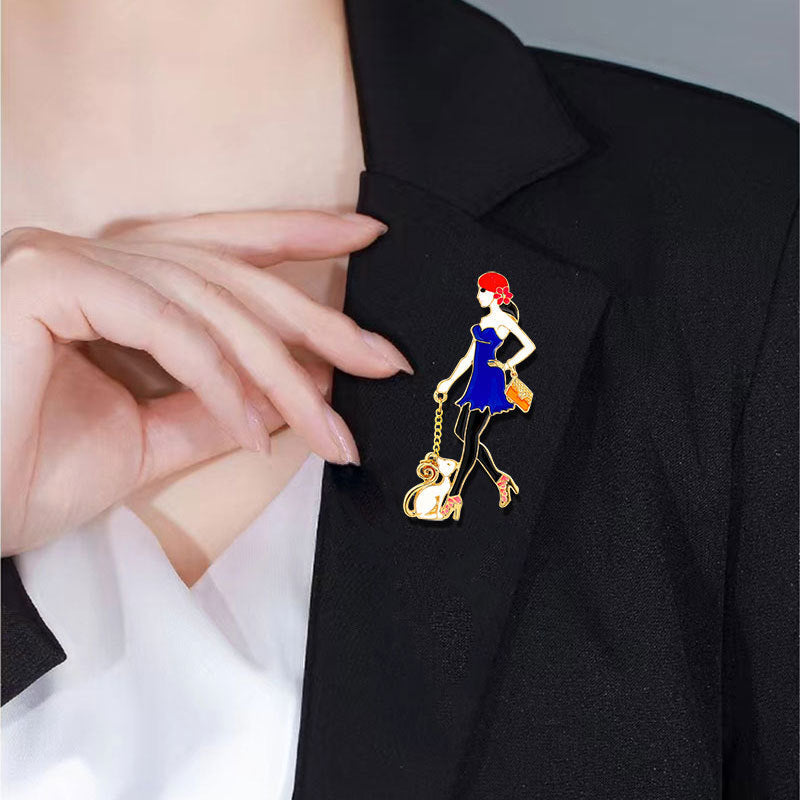 Girl With Cat Alloy Brooch PA4690
