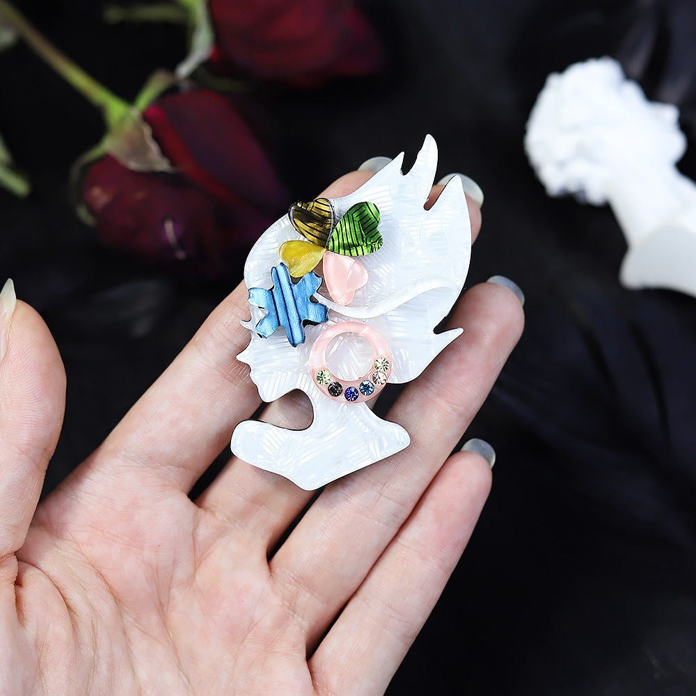 Clover Girl Rhinestone Acrylic Brooch PA4706